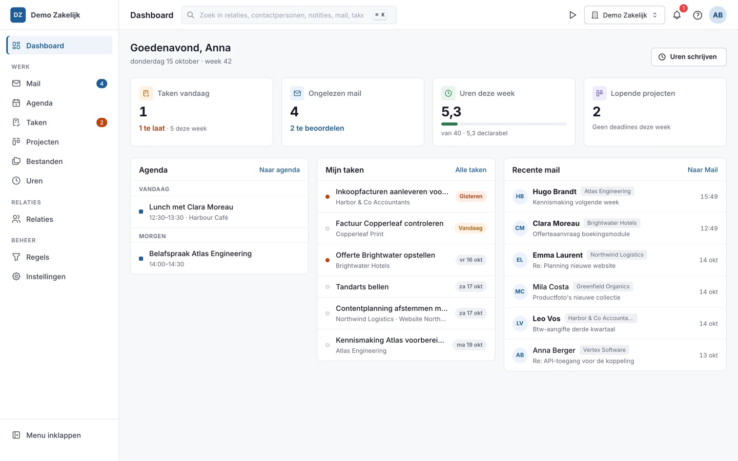Dashboard van Gatun Organizer met taken, agenda en recente mail