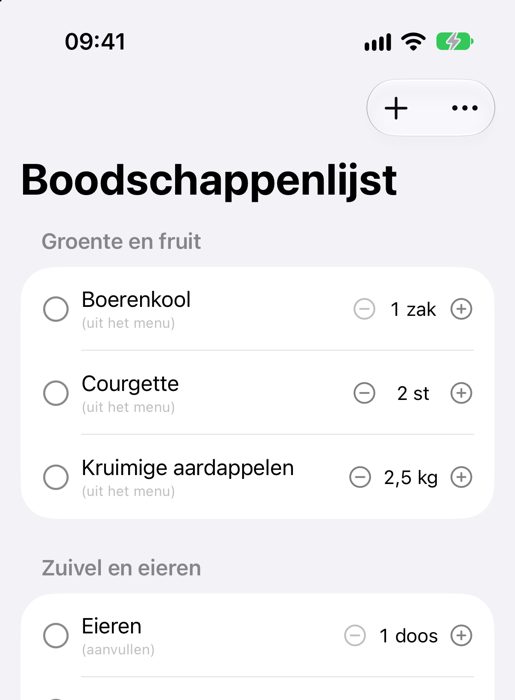 Kumpra-app met de boodschappenlijst van een huishouden, per categorie